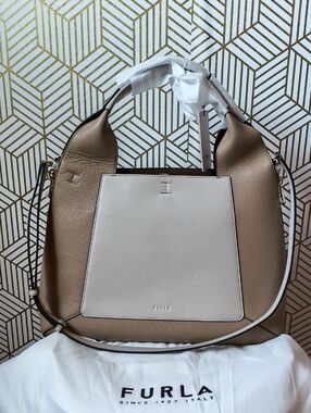 Furla Beige and Cream Leather Shoulder Bag with Top Handle